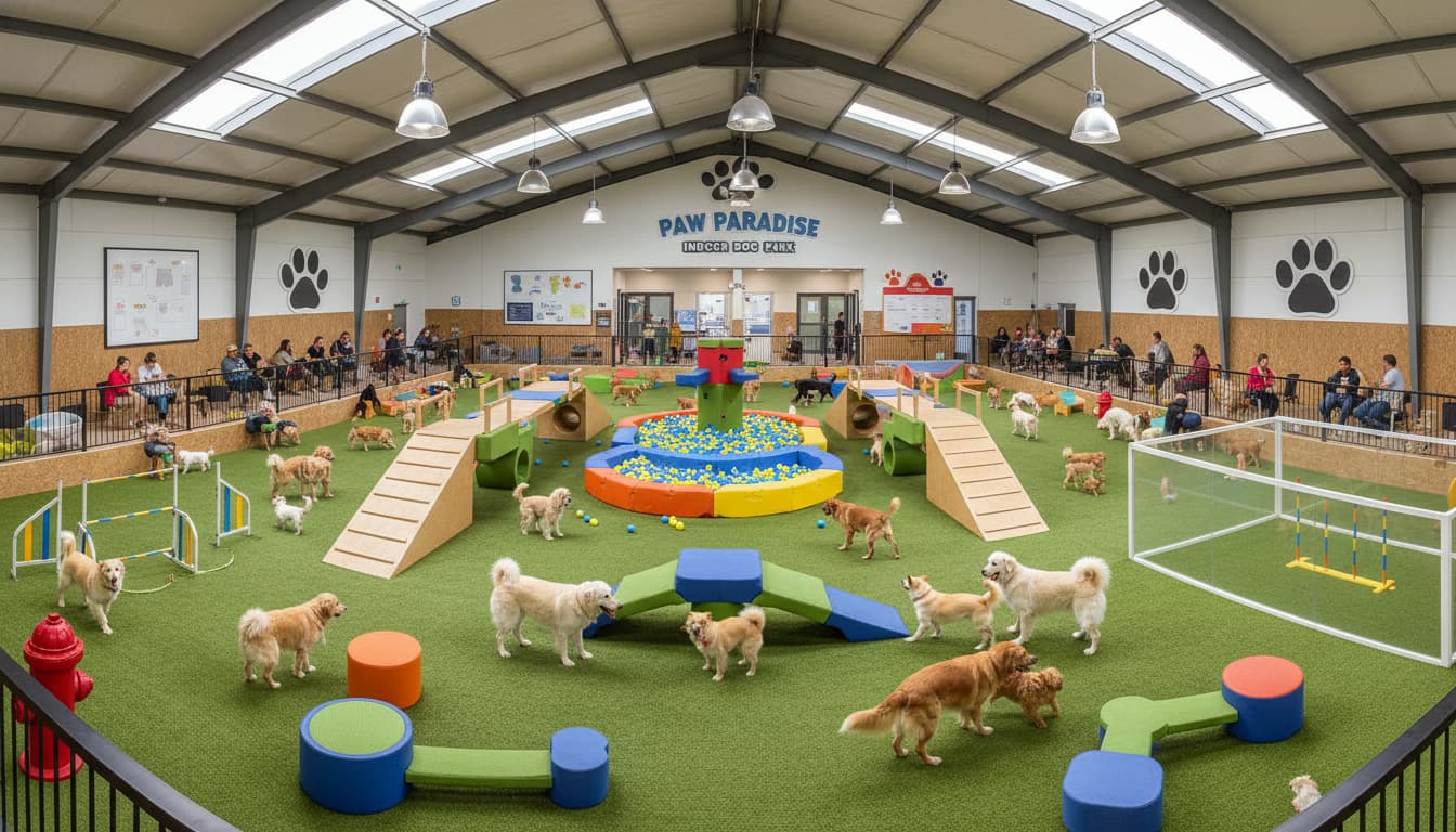 Indoor dog park facility with play structures and agility equipment
