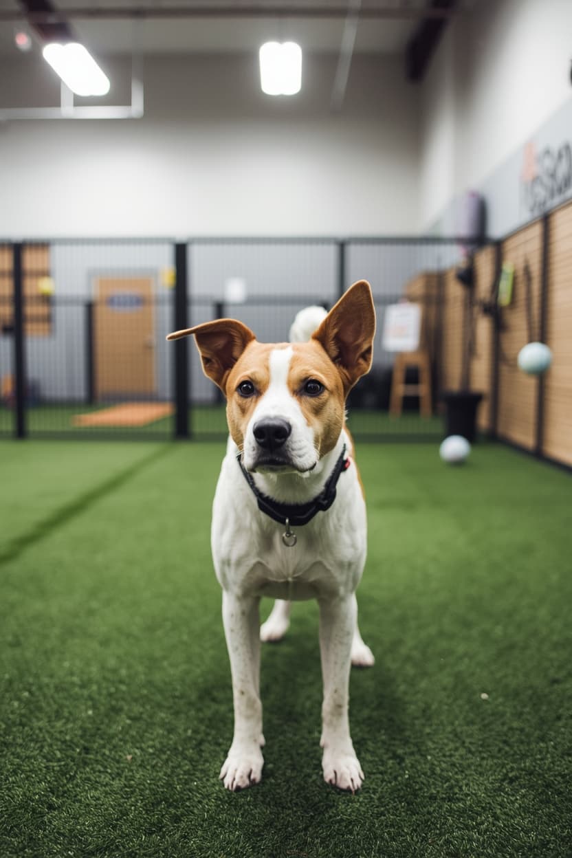 Dog standing on green artificial turf in an indoor dog park facility