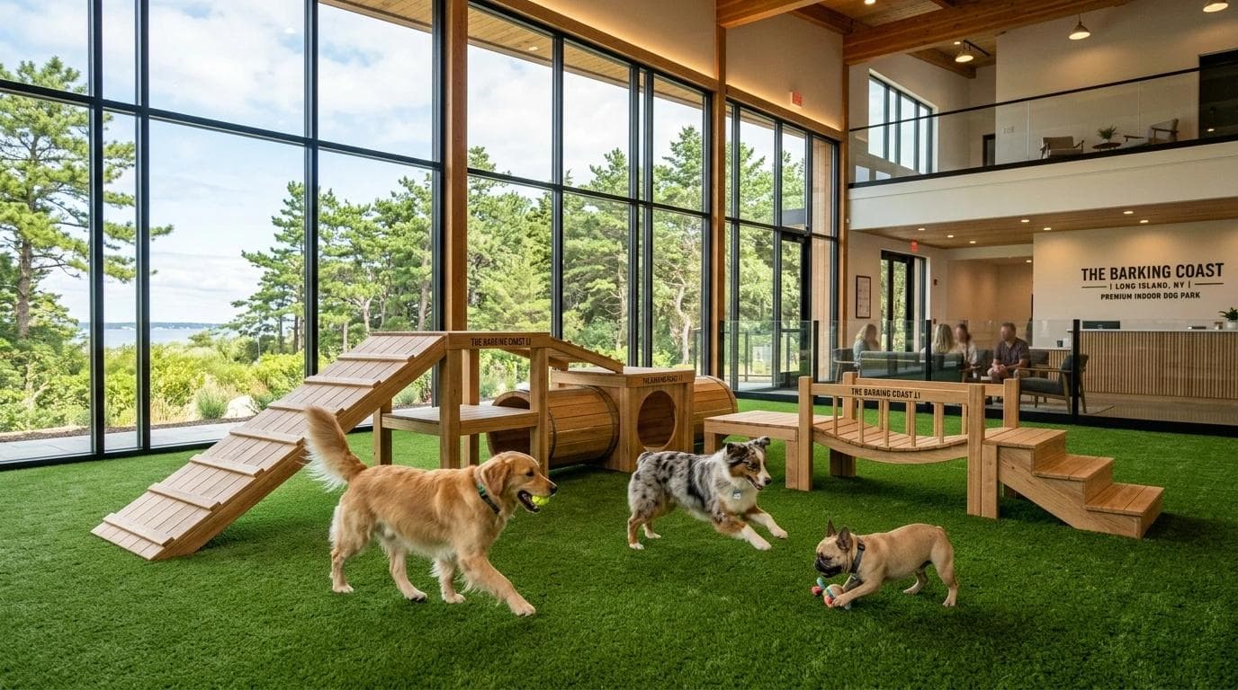 Golden Retriever, Australian Shepherd, and French Bulldog playing safely on green synthetic turf inside a modern, climate-controlled indoor dog park in Islip, Long Island