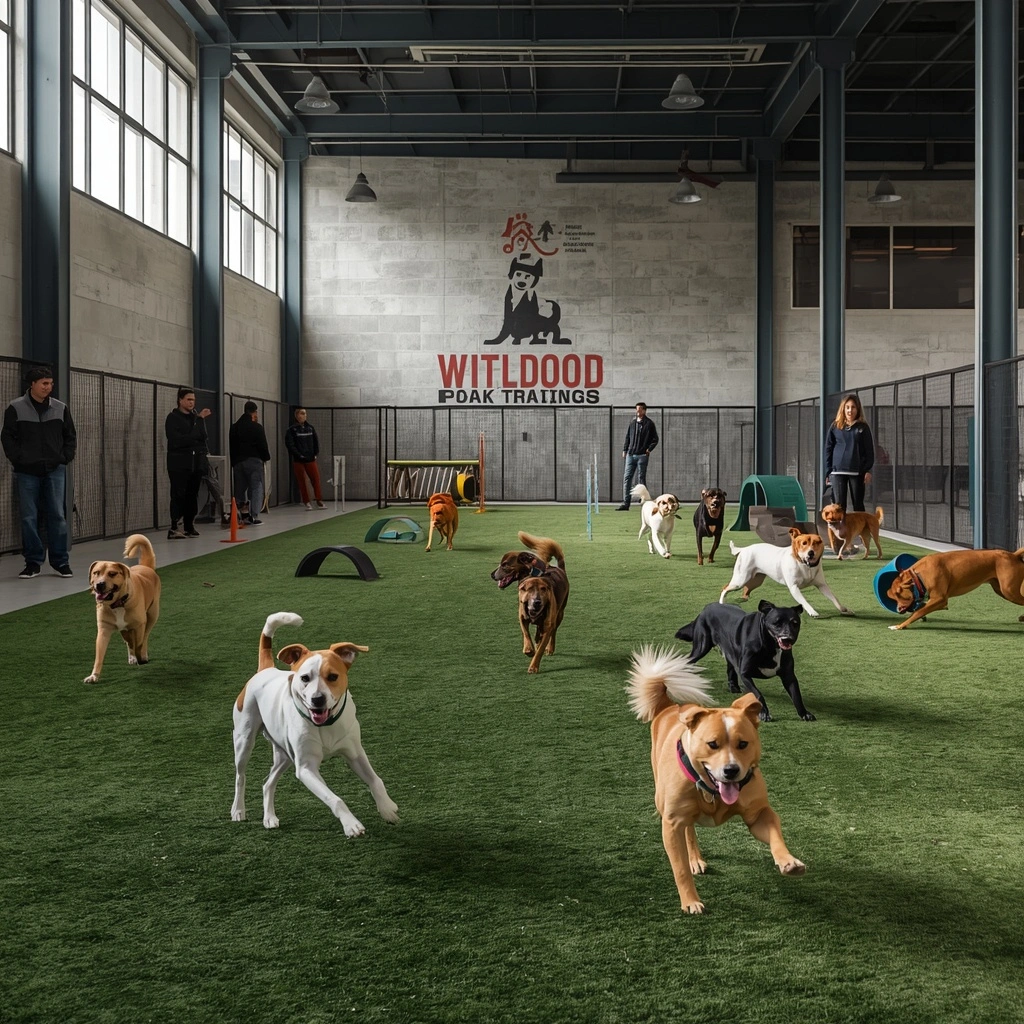 Dogs running an indoor agility course