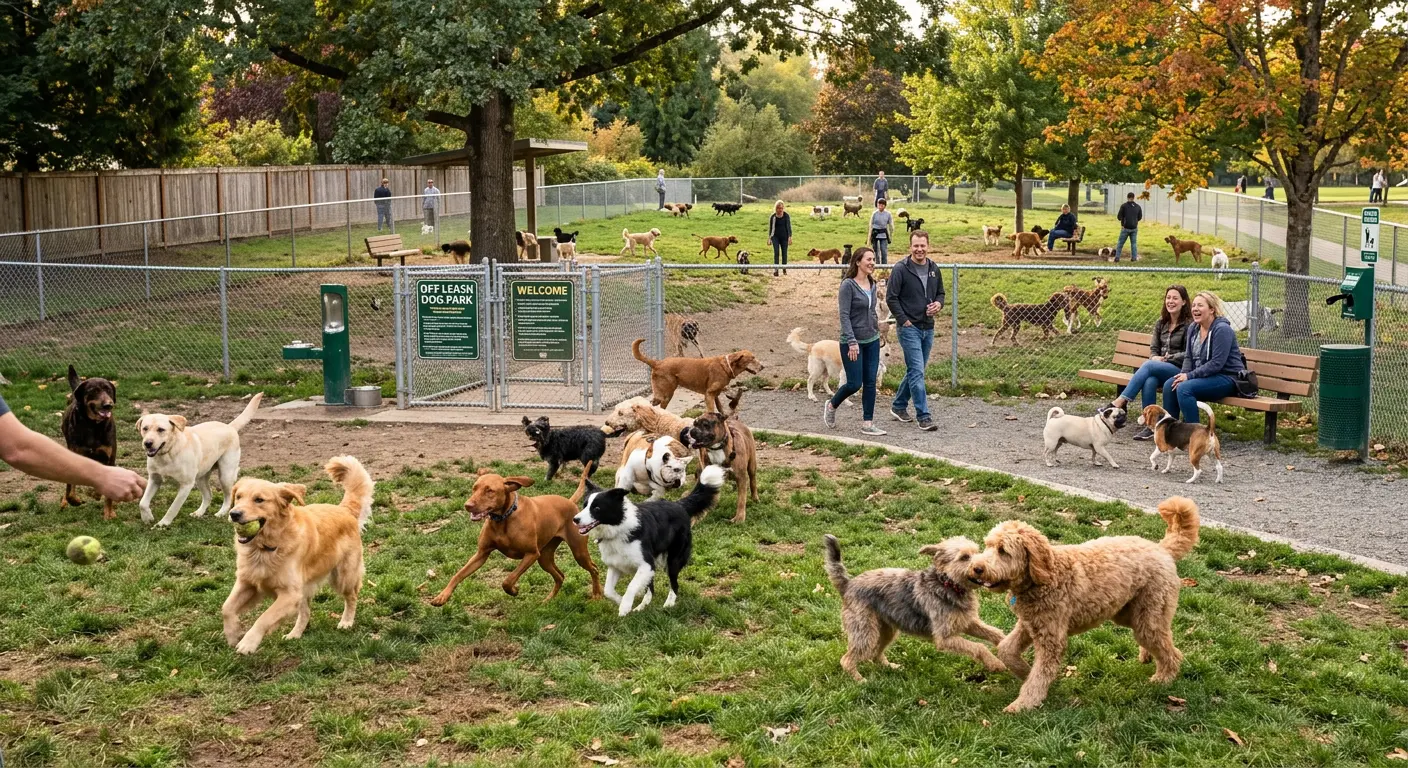 Dogs playing off‑leash in a climate‑controlled park